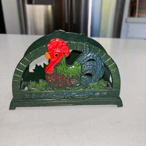 ODI 2002 Cast Iron Painted Rooster Napkin Holder